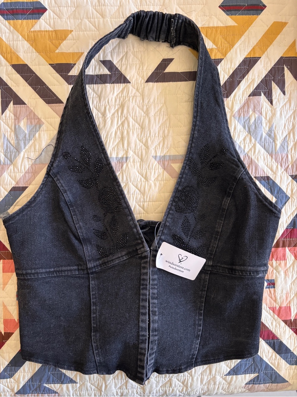 Windsor Black Denim Halter Vest with Subtle Embellishment